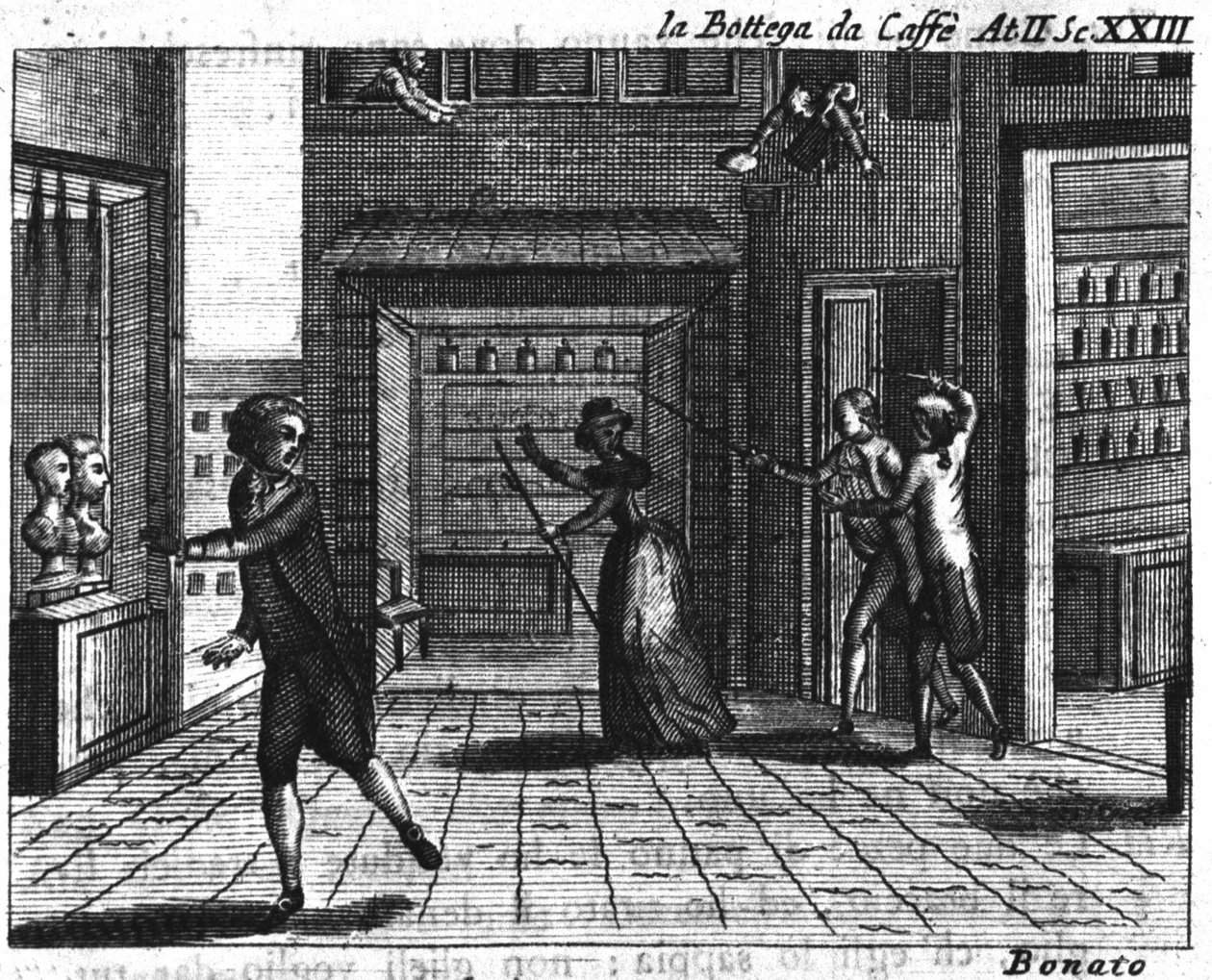 Scene 23 i akt II av tegneserien "" La bottega del caffe"" (Kafeen) (1750) av Carlo Goldoni (1707-1793): spillbord. Gravering fra 1700-tallet av Italian School