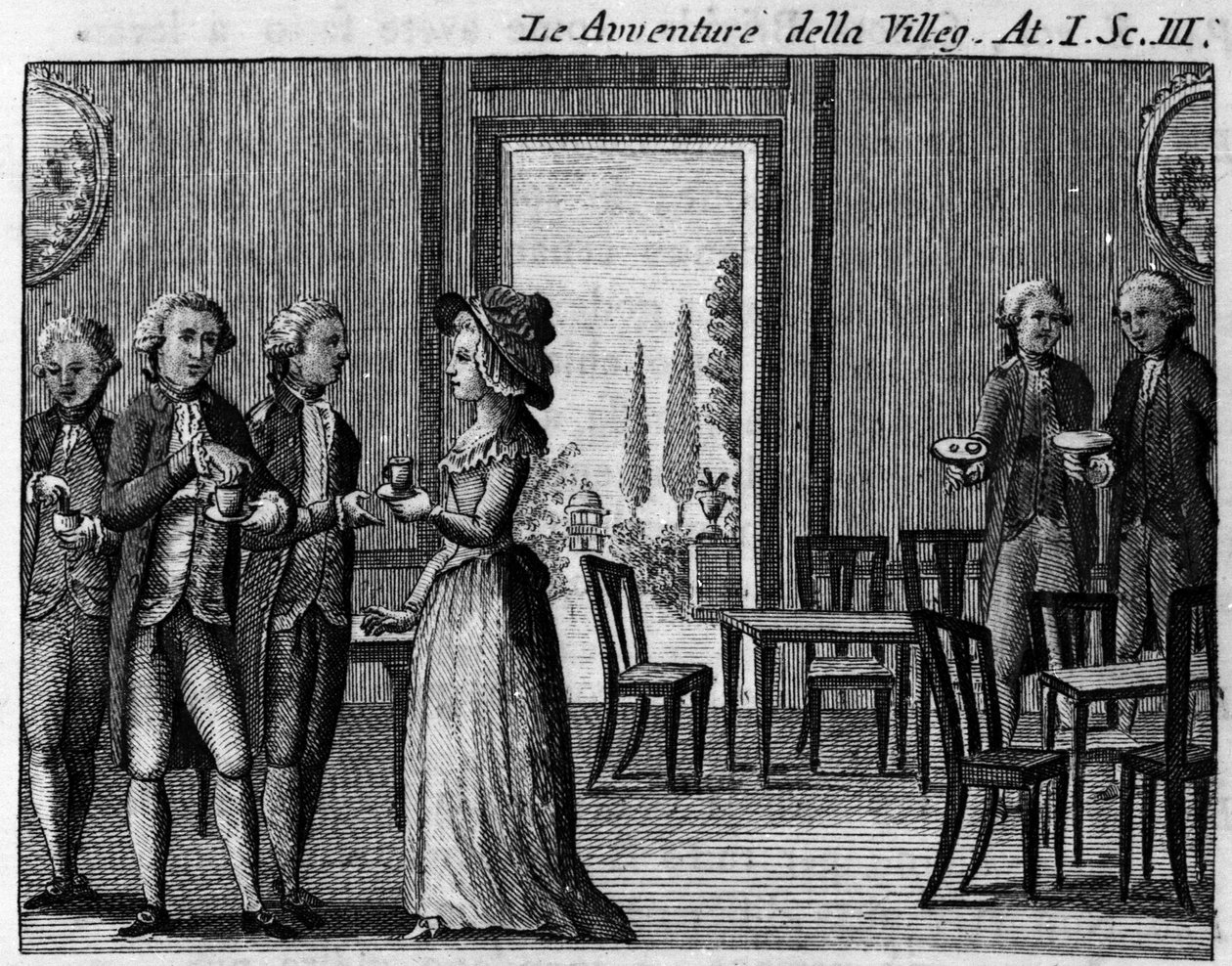 Scene 3 i akt I av tegneserien "" The avventure della villeggiatura"" (The Adventures of the City) (1756) av Carlo Goldoni (1707-1793). Gravering fra 1700-tallet av Italian School