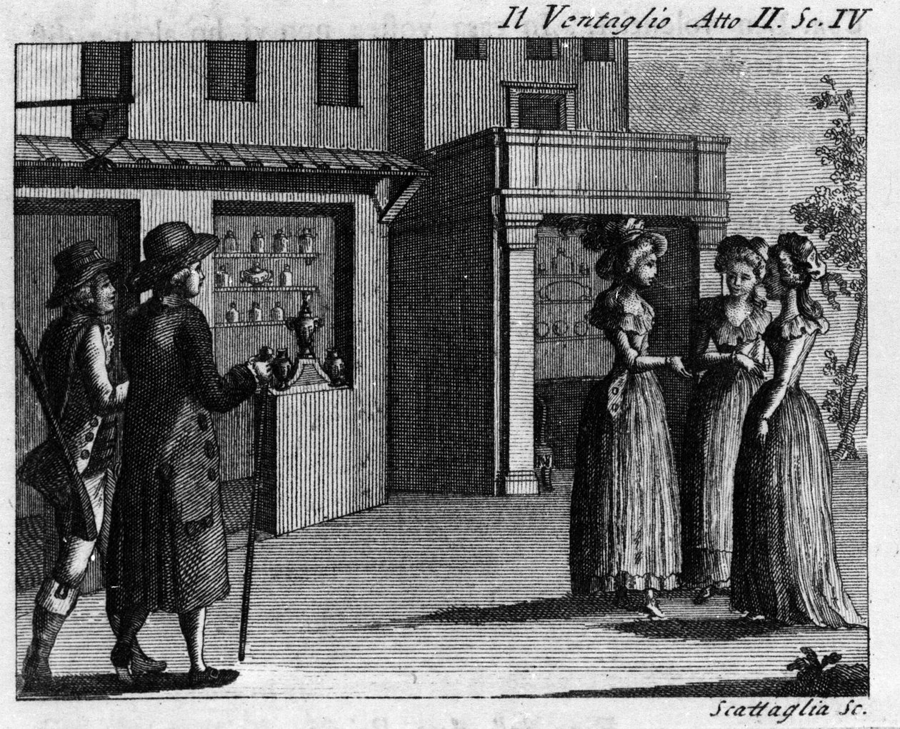 Scene 4 i akt II av tegneserien "" Il ventaglio"" (The eventel) (1764) av Carlo Goldoni (1707-1793). Gravering fra 1700-tallet av Italian School