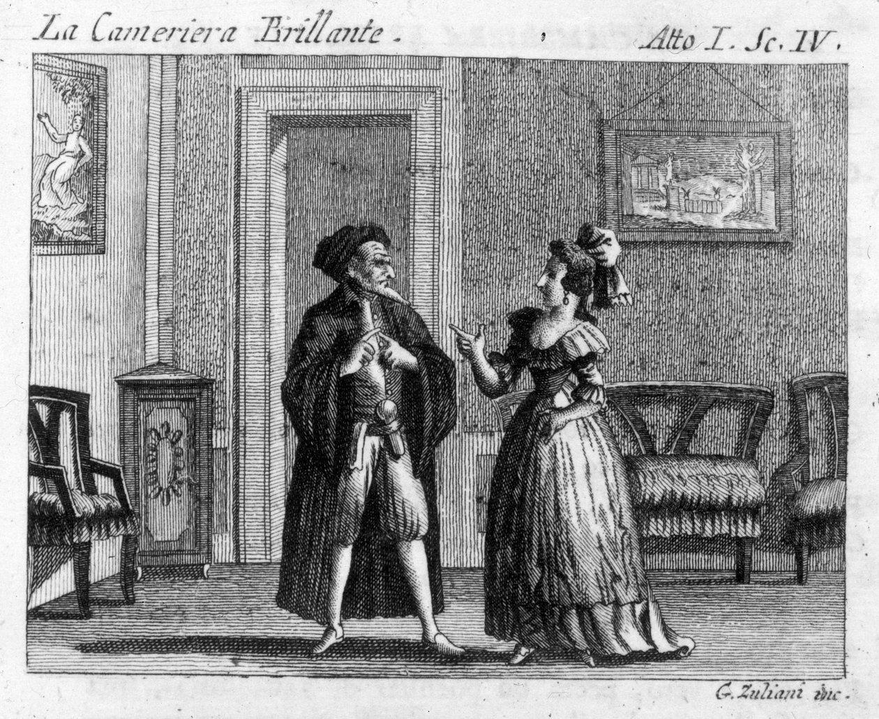 Scene 4 i akt I av tegneserien "" La cameriera brillante"" (Den strålende hushjelpen) (1754) av Carlo Goldoni (1707-1793): spillbord. Gravering fra 1700-tallet av Italian School