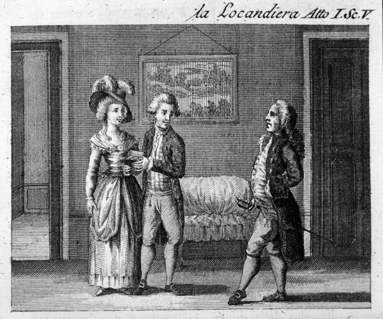 Scene 5 i akt I av stykket "La locandiera"" (1753) av Carlo Goldoni (1707-1793). Gravering fra 1700-tallet av Italian School