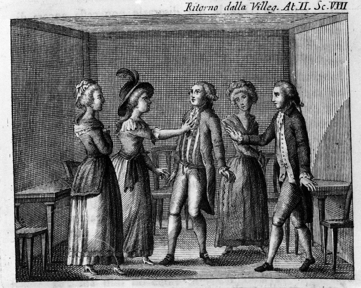Scene 8 i akt II av tegneserien "" Ritorno della villeggiatura"" (Return of the City) (1761) av Carlo Goldoni (1707-1793). Gravering fra 1700-tallet av Italian School