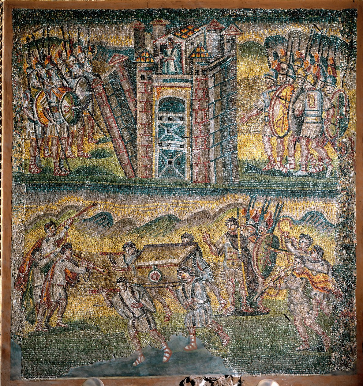 Scener fra Josvas bok: Inntaket av Jeriko, De syv prestene som bærer Paktens Ark (mosaikk) av Italian School