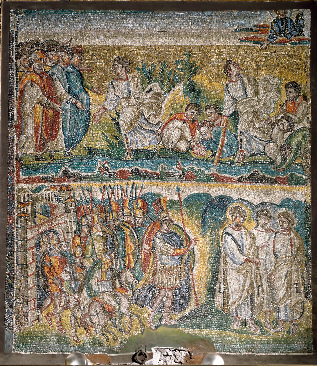 Scener fra Josvas bok: Inntaket av Jeriko, De syv prestene som bærer Paktens Ark (mosaikk) av Italian School