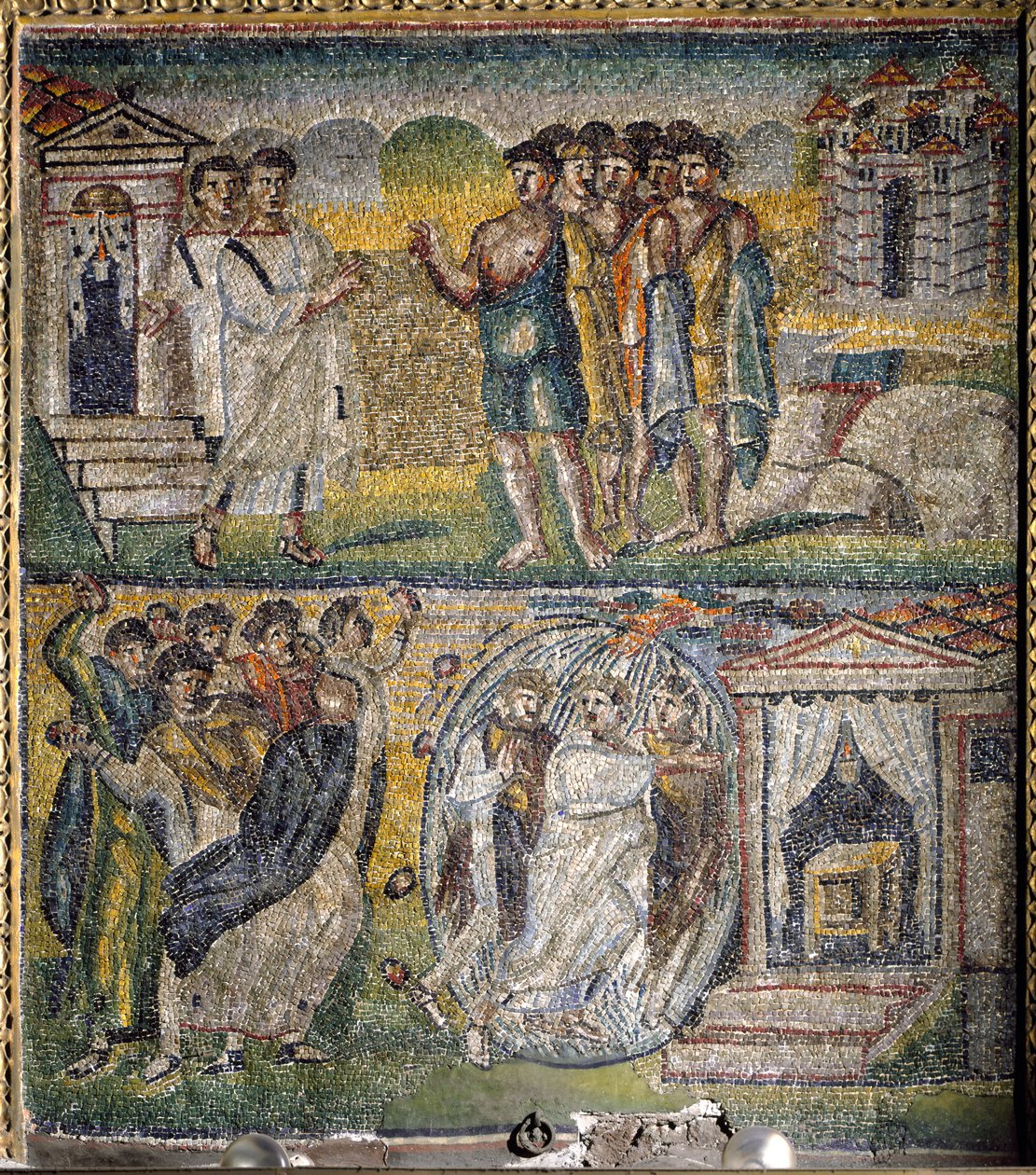 Scener fra The Life of Moses: returen av de tolv spionene sendt av Moses til det lovede landet, Forsøk på steining av Moses (mosaikk) av Italian School
