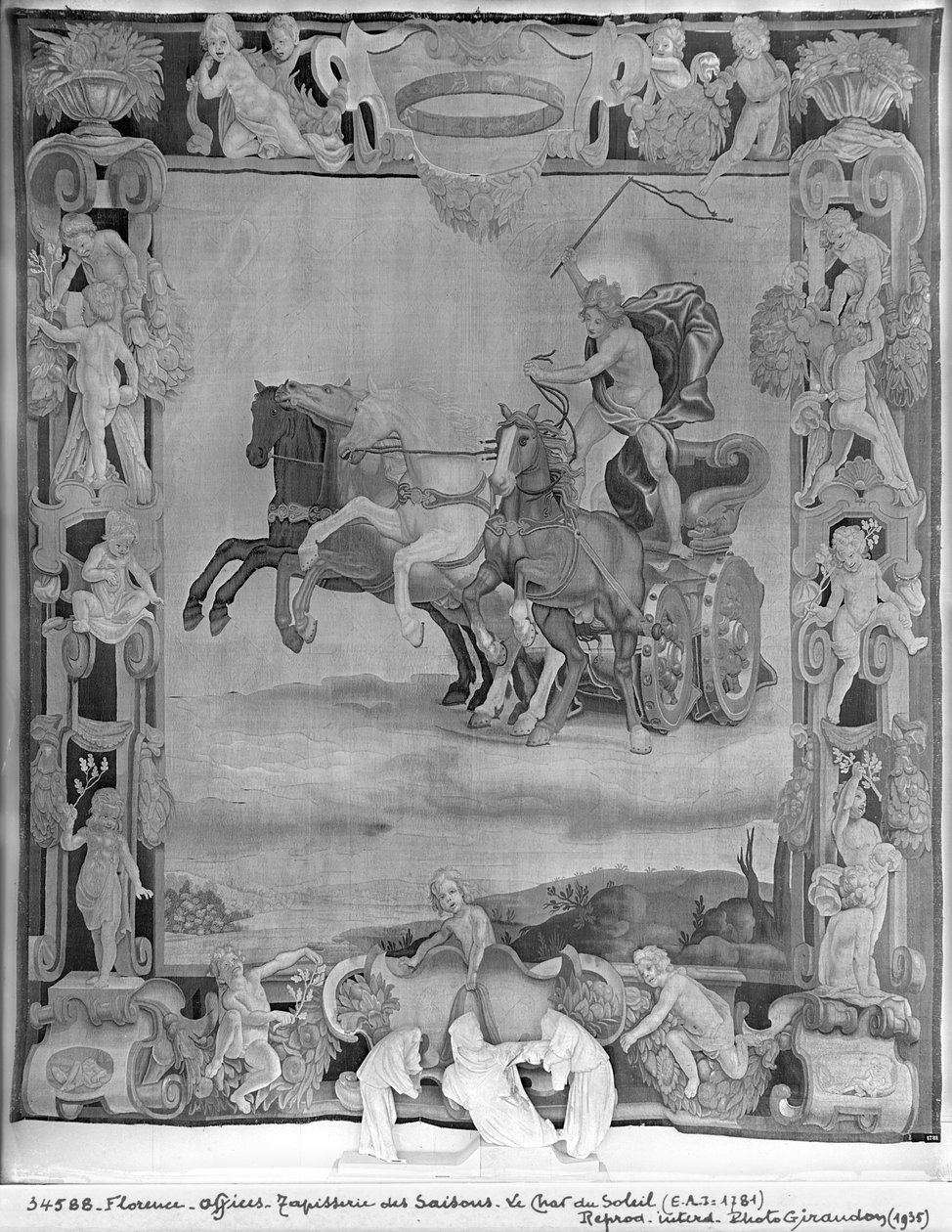 Årstidsteppet, Apollo kjører Solens vogn, ca. 1642 (ull og silke) av Italian School