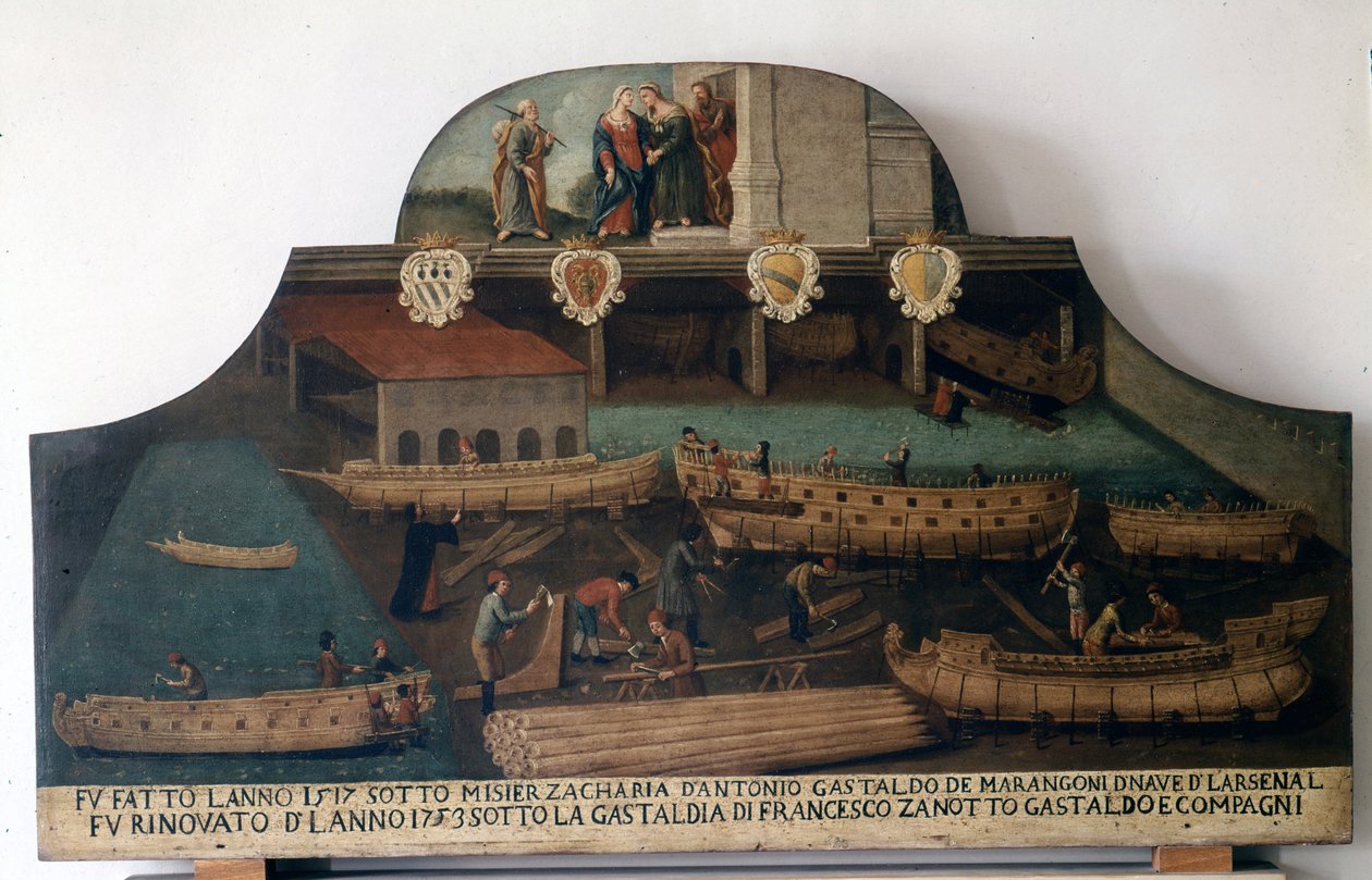 Skipsbygging: båter bygget i 1517 og renovert i 1753. av Italian School