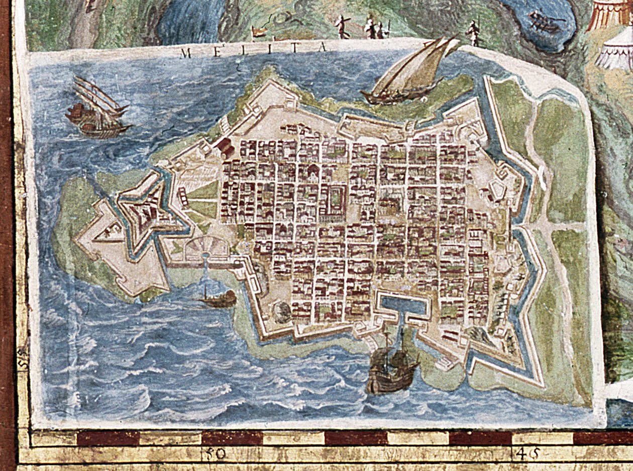 Beleiring av Malta, detalj fra "Gallery of Geographical Maps", 1580-83 av Italian School