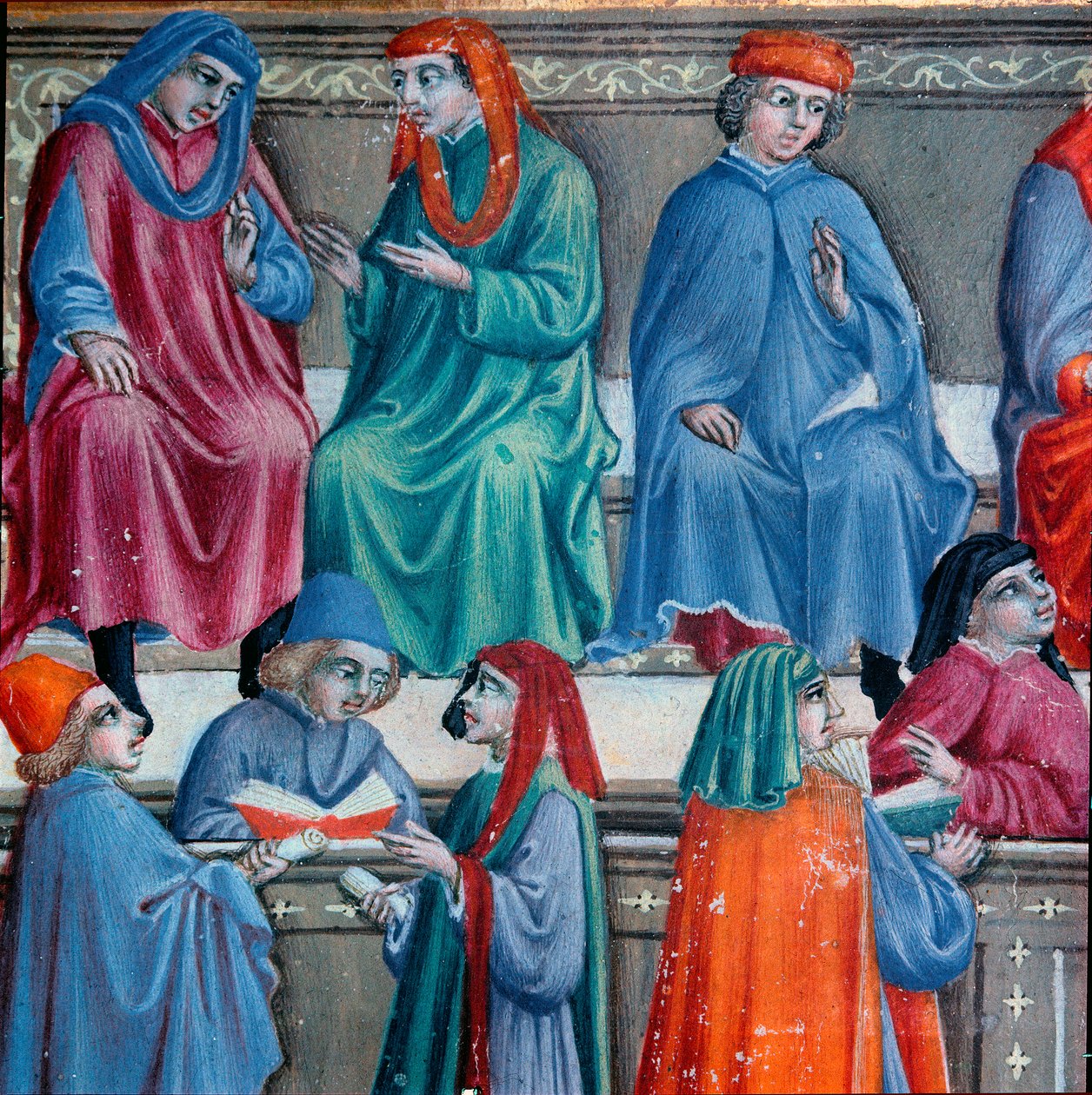 Sienesiske kjøpmenn. Detalj av en miniatyr hentet fra Statuto della Mercanzia", manuskript av handelslovgivning i Siena. 1342. Statsarkivet i Siena. av Italian School