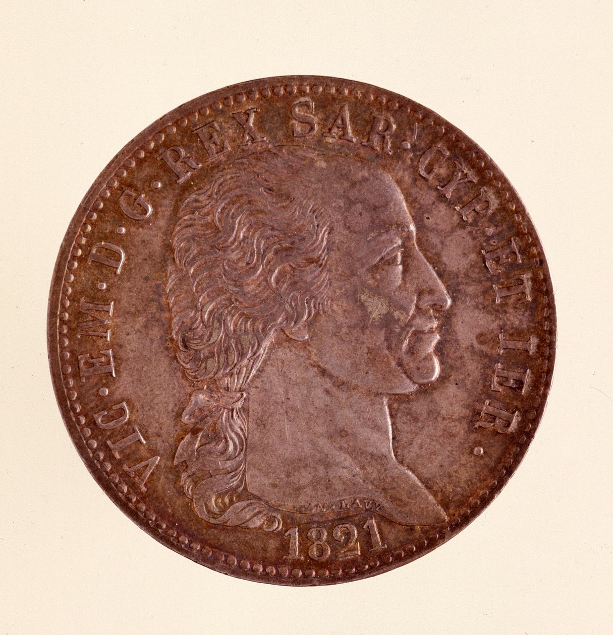 Italiensk sølvmynt (ecu) fra Sardinia-riket: regjering av Vittorio Emanuele I (Victor Emmanuel I) (1759-1824). 1821. Diam. 3,8 cm Napoli, museo archeologico av Italian School