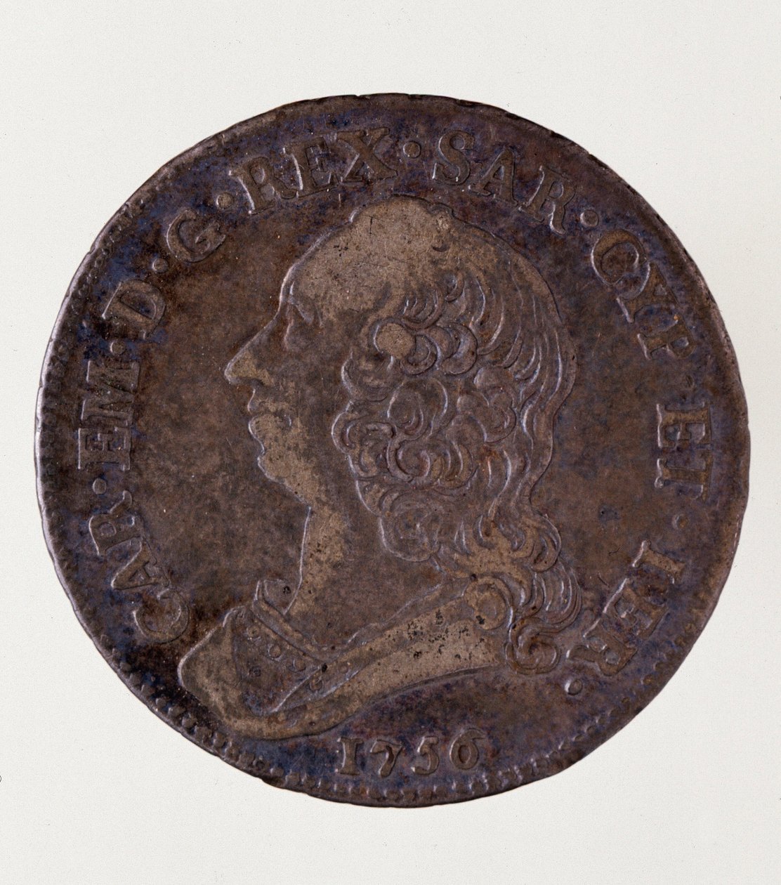 Italiensk sølvmynt (halv ecu) fra kongeriket Sardinia: Reign of Carlo Emmanuel III of Savoy (1701-1773). 1756. Diameter. 3,7 cm Napoli, arkeologisk museum av Italian School