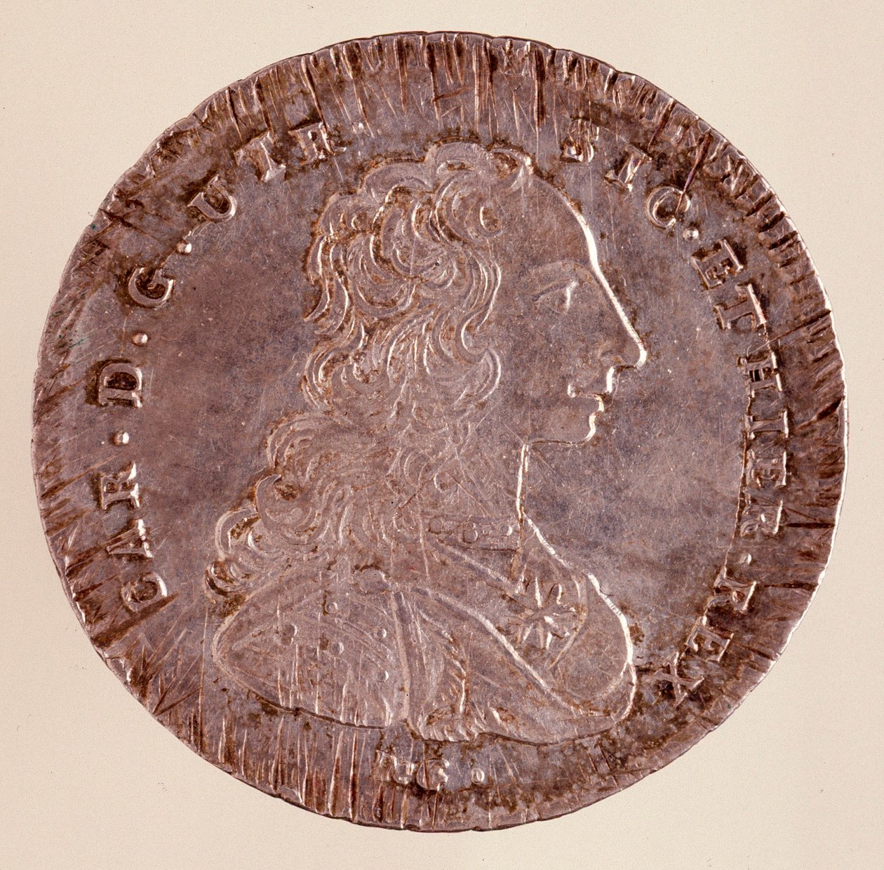 Sølv Piastra fra Napoli: Reign of Charles III of Spain (1716-1788) og portrett. 1750. Diameter. 4 cm Napoli, arkeologisk museum av Italian School