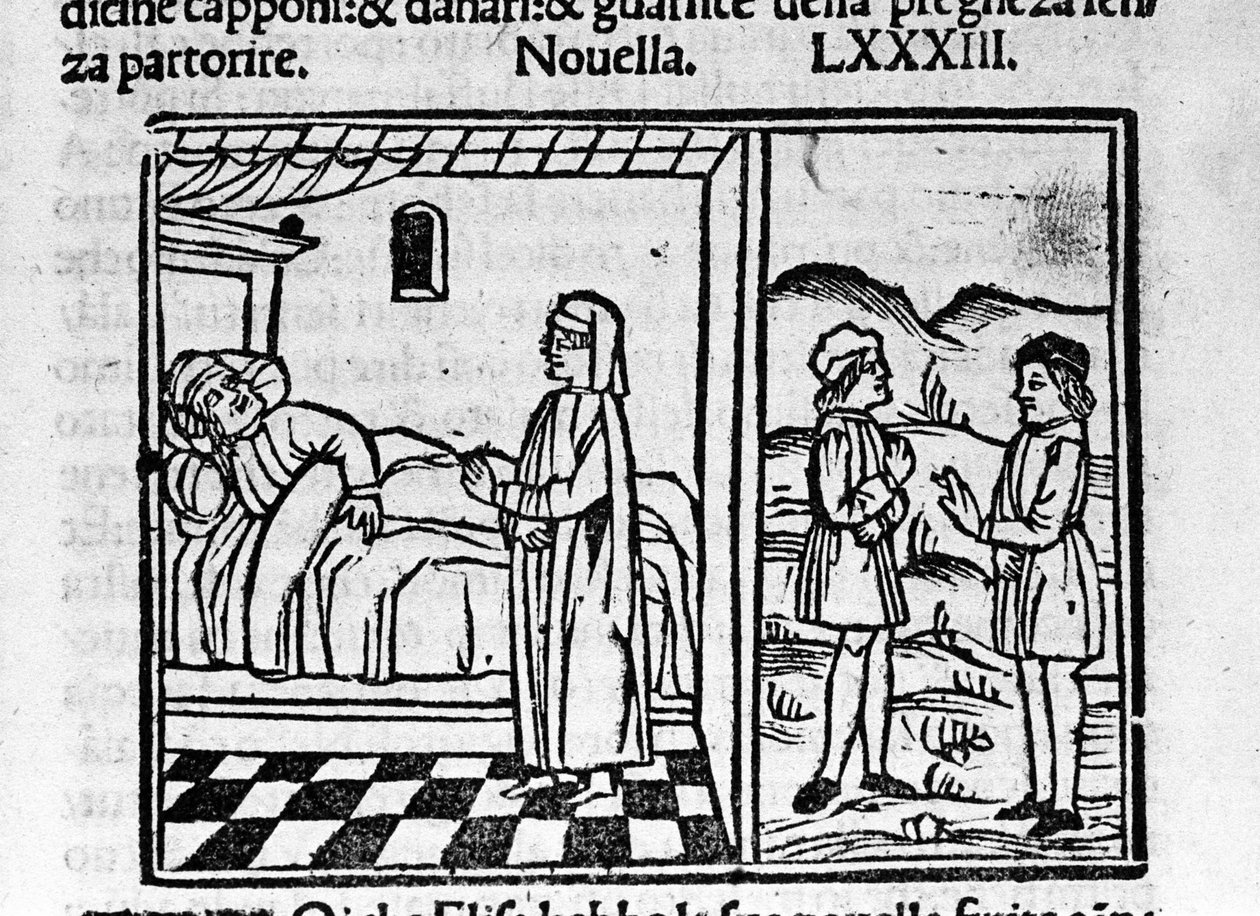 Simone får Calandrino til å tro at han bærer et barn i magen. Illustrasjon for nyhetene 83 (Ny 3 av den niende dagen) av "Decameron"" av Giovanni Boccaccio dit Jean Boccaccio (1313-1375), italiensk forfatter. Gravering i "" Decamerone over Cento nouell av Italian School