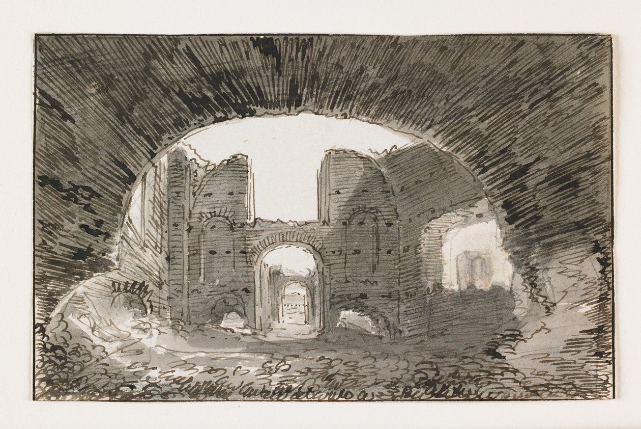 Sketch of the Baths of Caracalla, tidlig på 1800-tallet (penn og brunt blekk med grå vask over svart kritt) av Italian School