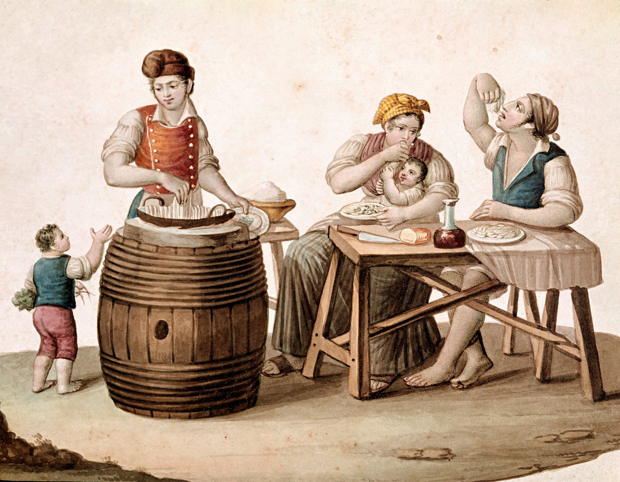 Liten napolitansk metier: en maccheroni-selger, ved siden av ham en familie ved bordet som spiser med hendene - (gammel handel: maccheroni-selger og kunder som spiser italiensk pasta) Akvarell av 1800-tallet Museo Nazionale di San Martino Napoli av Italian School