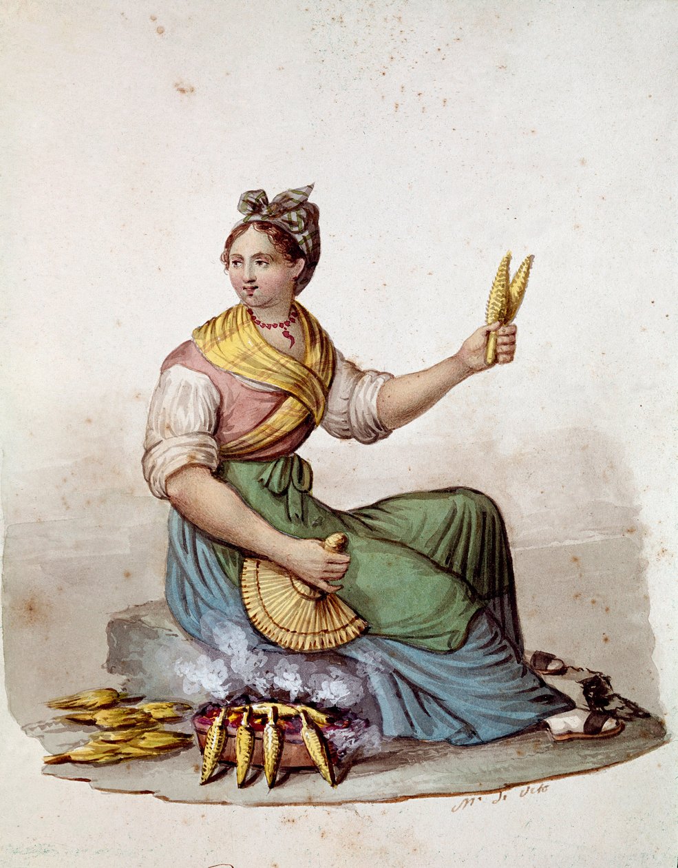 Liten napolitansk metier: en selger av maisgriller - (gammel handel: selger av grillet mais) Akvarell Museo Nazionale di San Martino Napoli fra 1800-tallet av Italian School