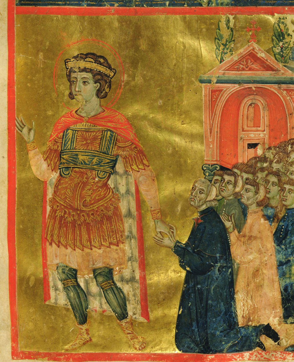 Noen brødre som ber til St. Theodore, fra en Mariegola, 1350 (blekk og bladgull på vellum) av Italian School