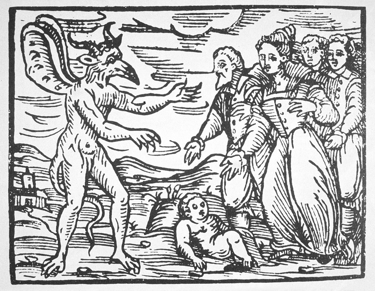 Trollmenn som presenterer et barn for djevelen, fra Compendium Maleticarum av Fr M Guaccius (1608) illustrert i en magihistorie publisert sent på 1800-tallet av Italian School