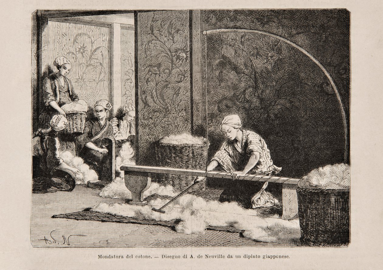 Spinning Cotton, Japan, fra den italienske utgaven av Tour du Monde, 1869 av Italian School