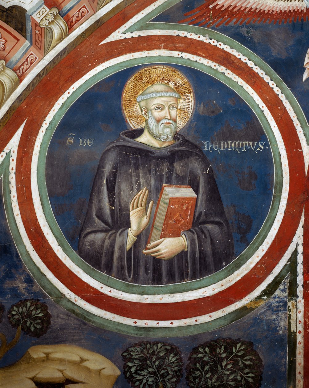 St. Benedict, freskomaleri av den andre samarbeidspartneren av Consolo eller Magister Consolus, nedre kirke i klosteret til den hellige hule, Subiaco, Italia av Italian School