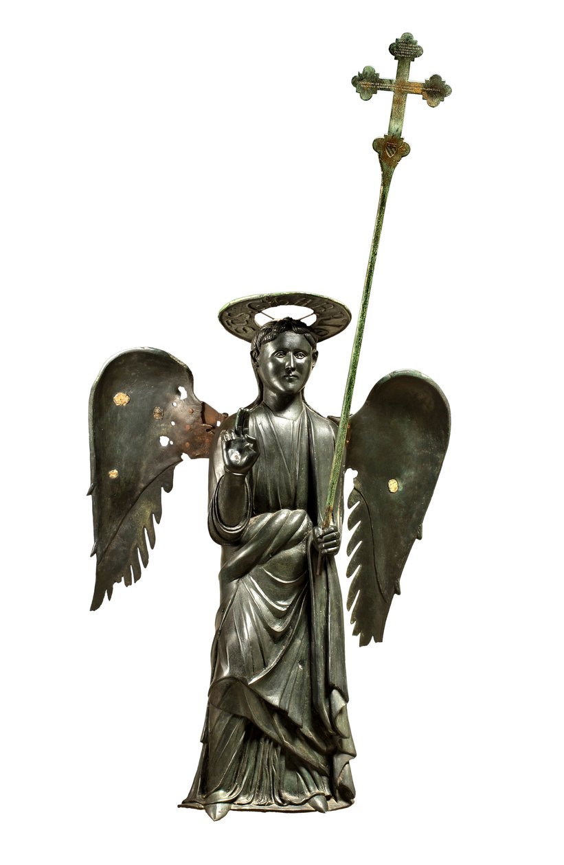 St. Gabriel erkeengel som holder et prosesjonskors, bronsestatue fra det 12. århundre, kors av 1369 av Italian School