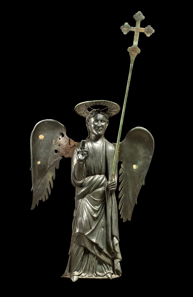 St. Gabriel erkeengel som holder et prosesjonskors, bronsestatue fra det 12. århundre, kors av 1369 av Italian School