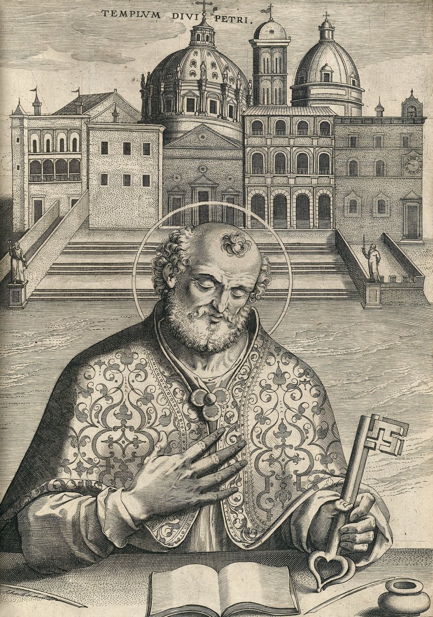 St Peter foran St Peters Basilica fra Septem Urbis Primariae Church, pub. 1599 av Italian School