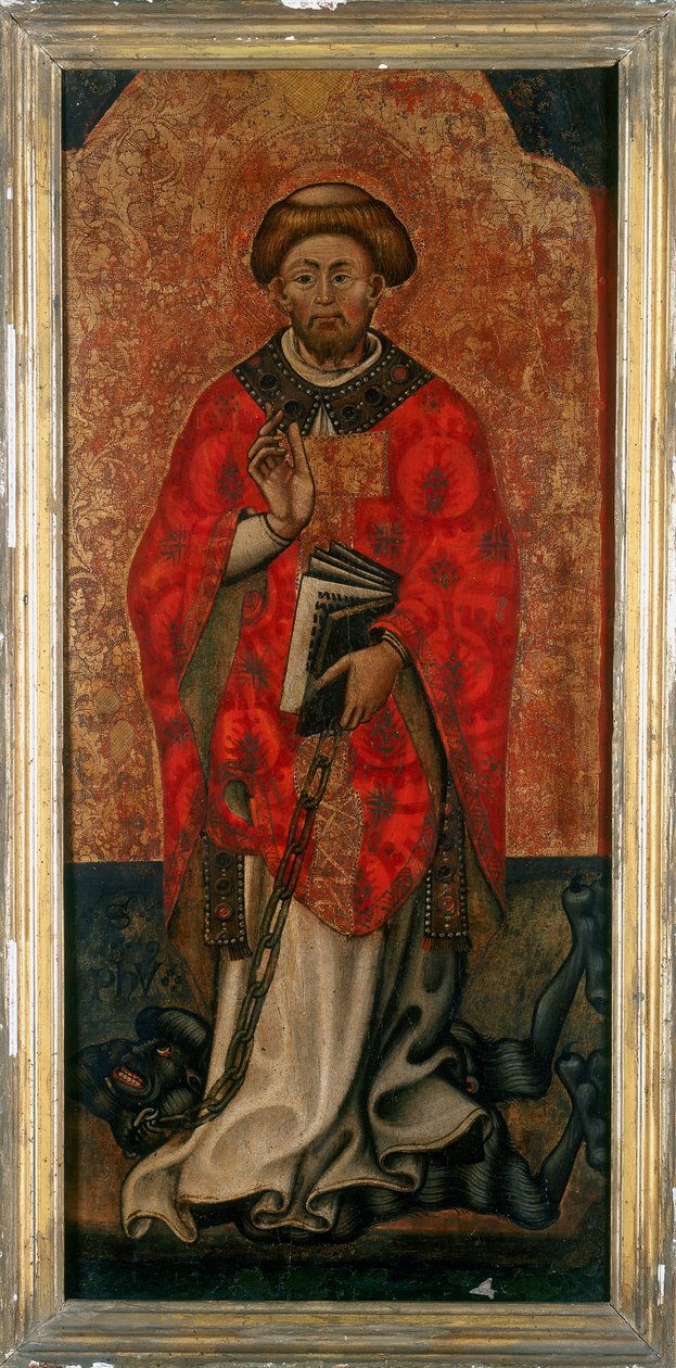 St. Philip tråkker på en demon, maler på tre fra 1400-tallet av Italian School