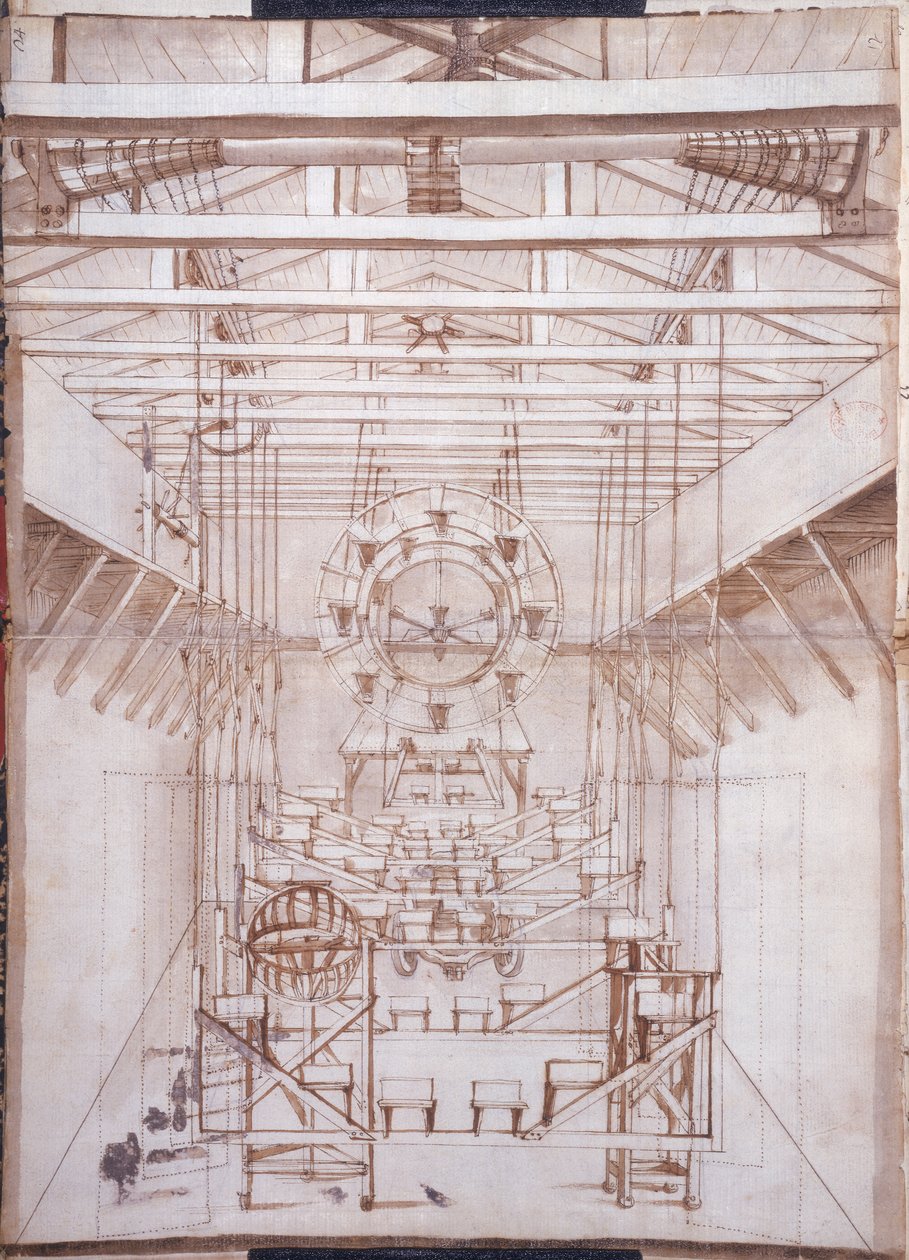 Scenemaskineri for operaene ved San Salvatore-teatret i Venezia, 1675 (penn- og blekkvask på papir) av Italian School