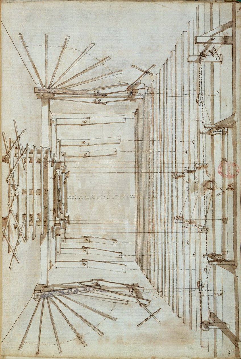 Scenemaskineri for operaene ved San Salvatore-teatret i Venezia, 1675 (penn- og blekkvask på papir) av Italian School