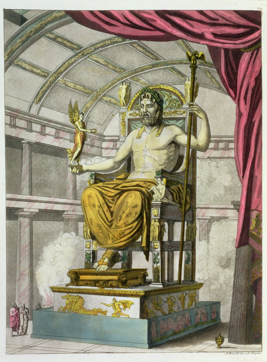 Statue av Jupiter i et tempel, fra Costumi dei Romani, gravert av Angelo Biasioli (1790-1830), ca. 1805-20 (akvatint) av Italian School
