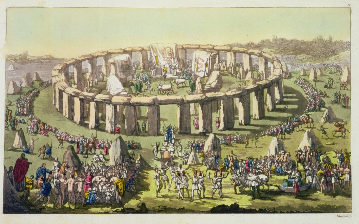 Stonehenge, eller et sirkelformet tempel for druidene, plate 19 fra The History of the Nations (akvatint) av Italian School