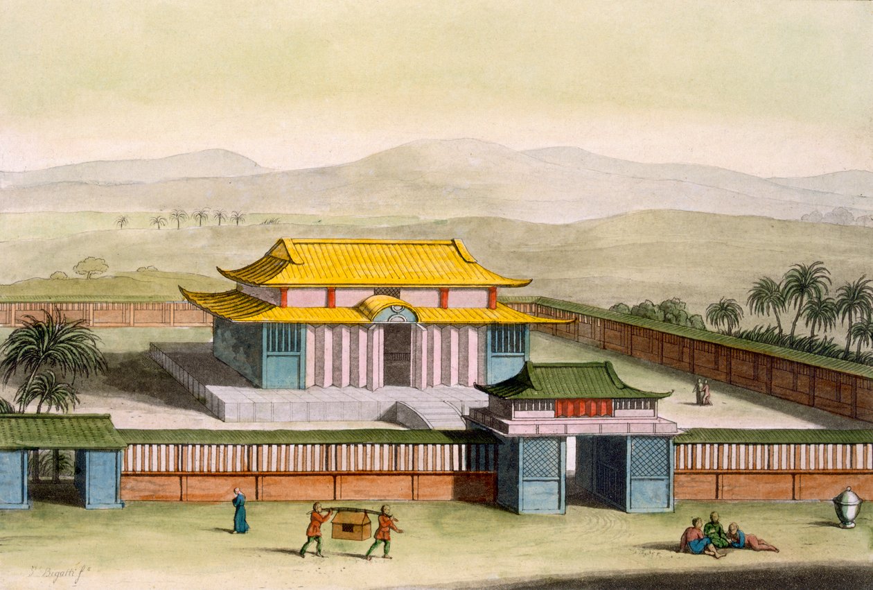 Temple Daibods i et kompleks på landsbygda, fra Costume dei... av Giulio Ferrario, ca. 1820-30-tallet (håndfarget litho) av Italian School