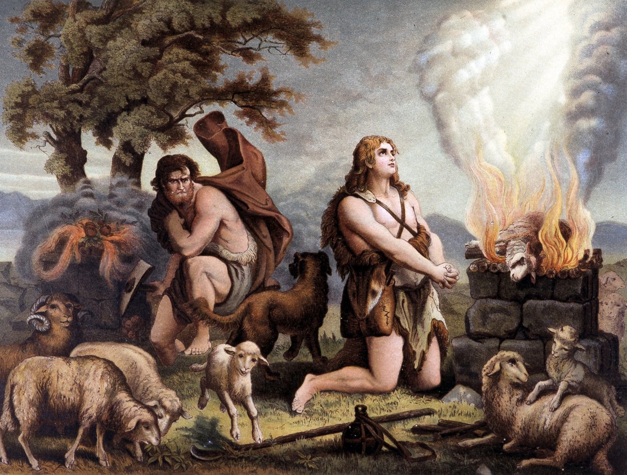 The Adoration of the Lamb (Cain and Abel) - Cain et Abel (som ofrer en sau) i "Golden Classic Bible: History of Divine Revelation in the Ancient and New Tension" "av Giovanni Ladislao Sykora (bd. 1), oversatt av Don Clemente Benetti. (Italia av Italian School