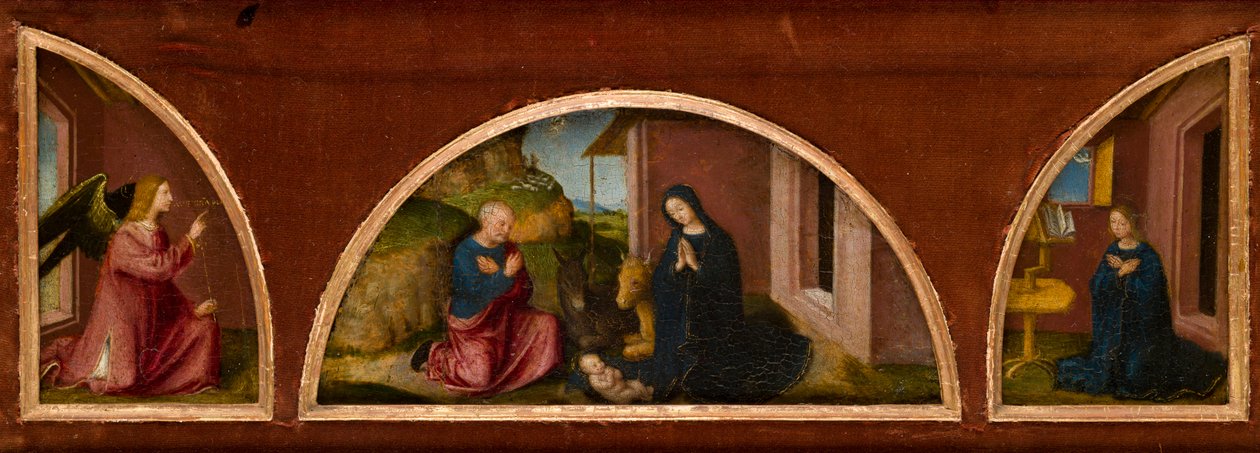 Bebudelsen (halvlunetter venstre og høyre) og Fødselskirken (sentral lunette) i én ramme, ca. 1480 (olje på panel) av Italian School
