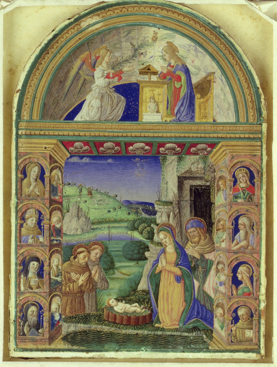 Bebudelsen, tilbedelsen av barnet av jomfru Maria, St. Joseph, St. Anthony av Padua og St. Frans (vellum) av Italian School