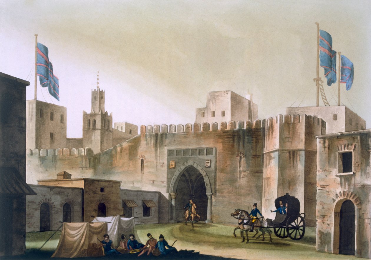 Beb Kar, porten til Tunis, med europeere i hesteopptreden, ca. 1820-30-tallet av Italian School