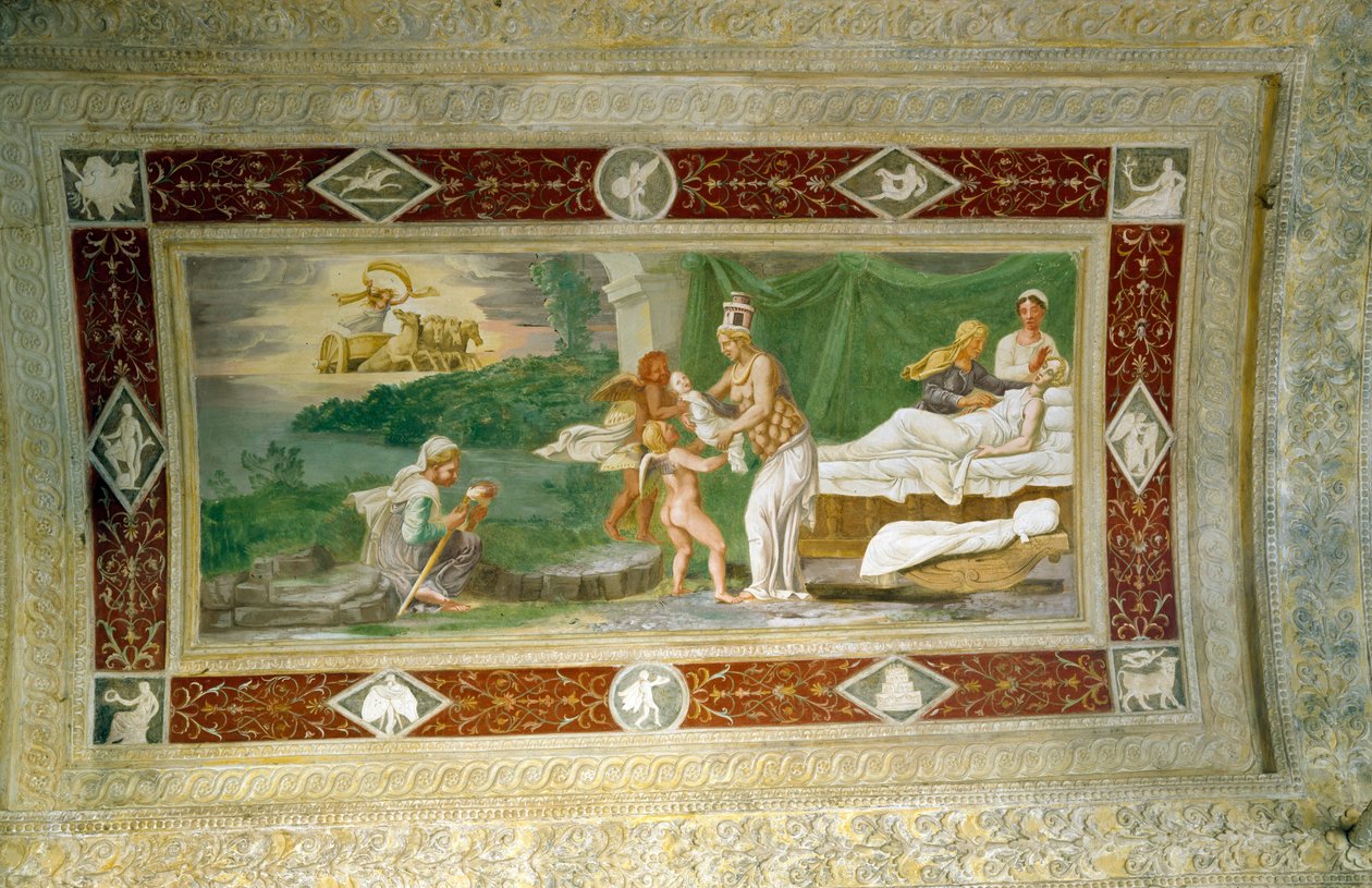 The Birth of Memnon, takmaleri i loggiaen til Appartamento della Grotto (Hemmelig hage) 1534 av Italian School