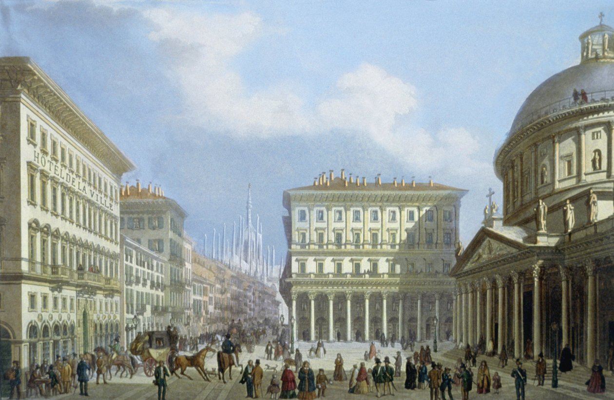 Rådhuset og Piazza di San Carlo fra utsikt over Milano og omegn av Italian School