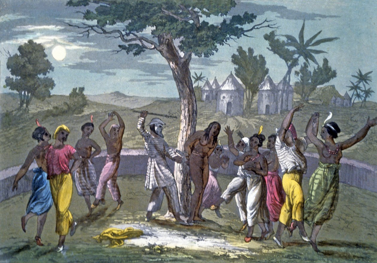 The Dance of the Mambo-Jombo, ifølge reisene til Mungo Park, fra A History of Costume av J. Ferrario, pub. ca. 1820 av Italian School