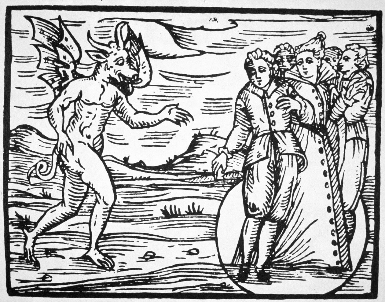 The Evocation of the Devil, kopi av en illustrasjon fra Compendium Maleticarum av Fr M Guaccius, Milano 1608, brukt i en magihistorie, utgitt sent på 1800-tallet av Italian School
