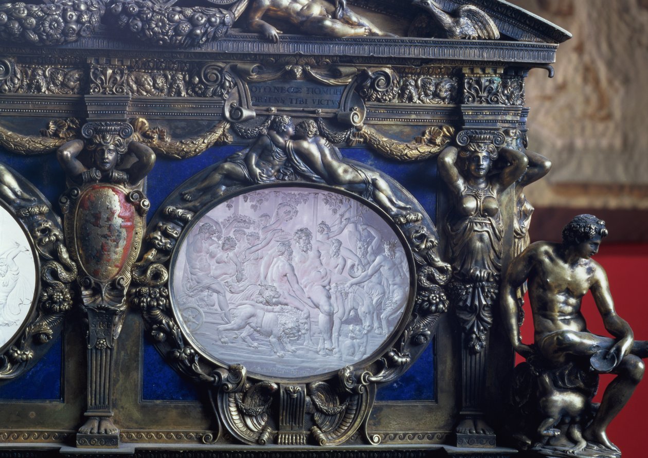 Farnese-kisten, detalj av ovalt innlegg som skildrer Bacchus-triumfen, av Sebastiano Sbarri (fl.1548-61) og Giovanni Bernardo da Castel Bolognese av Italian School