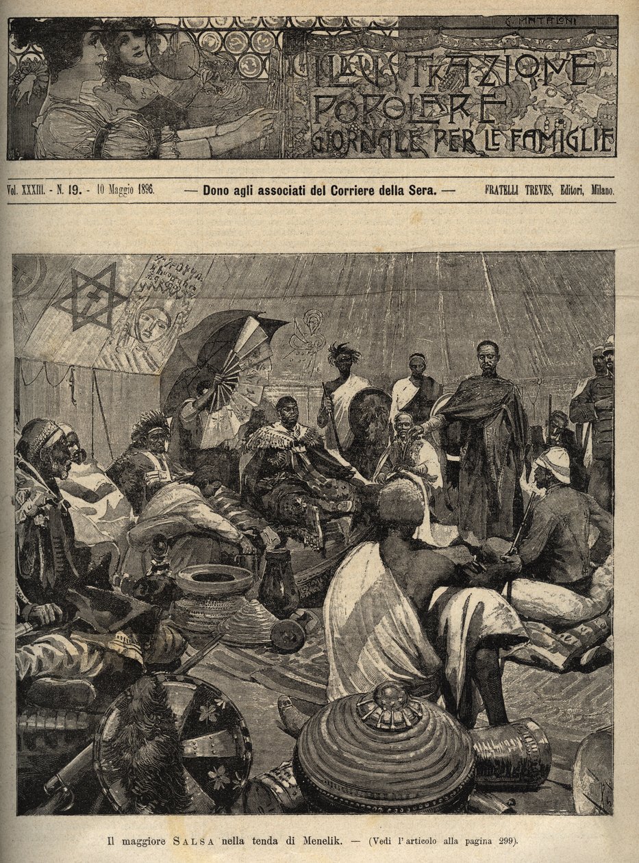 Den første italiensk-etiopiske krigen (1895-1896). Major Tommaso Salsa og kaptein Annibale Anghera før keiseren av Etiopia Menelik II (1844-1913) - gravering fra "" illustrazione popolare - giornale per le famiglie - 1896 - Forhandlingene om fred med av Italian School