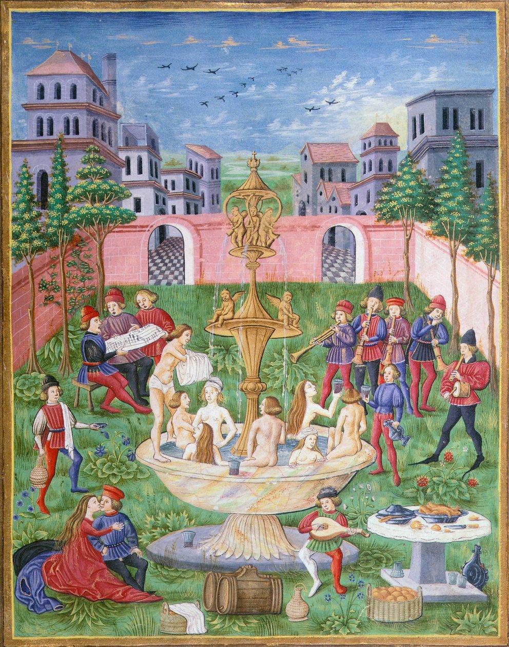 The Fountain of Life: sangere og musikere i en hage, miniatyr fra De Sphaera, av Leonardo Dati av Italian School