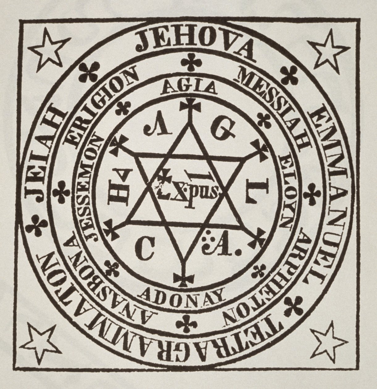 Agrippas store magiske sirkel for fremkalling av demoner, kopi av en illustrasjon fra Les Oevres Magiques de Henri Corneille Agrippa, Roma 1744, brukt i en magihistorie, utgitt sent på 1800-tallet av Italian School