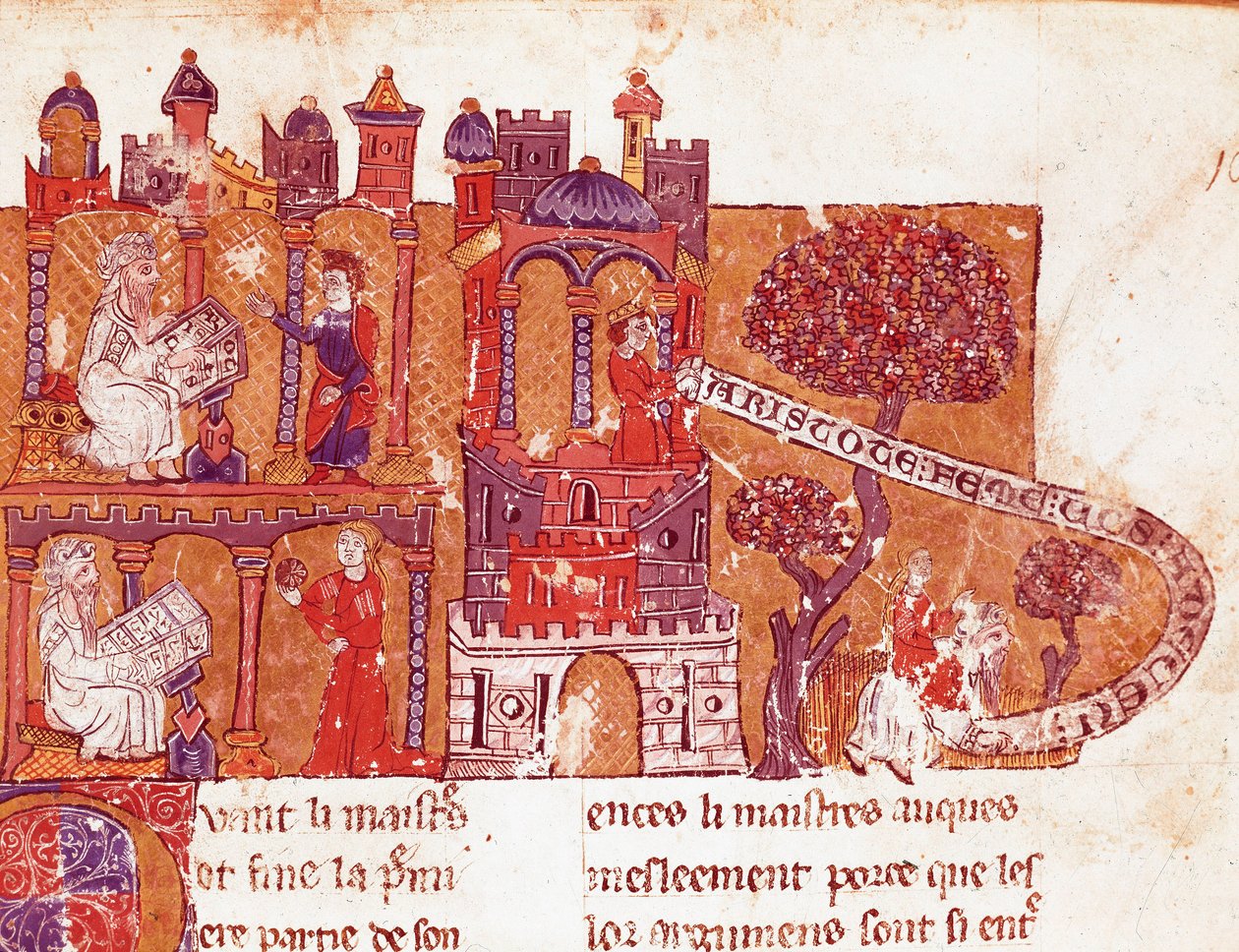 Den greske filosofen Aristoteles (383-322 f.Kr.) lærer elevene sine moral og kvinneforakt (mysoginia) Miniatyr fra et italiensk manuskript fra 1300-tallet. Bibliotheque Inguimbertine Municipal de Carpentras. av Italian School