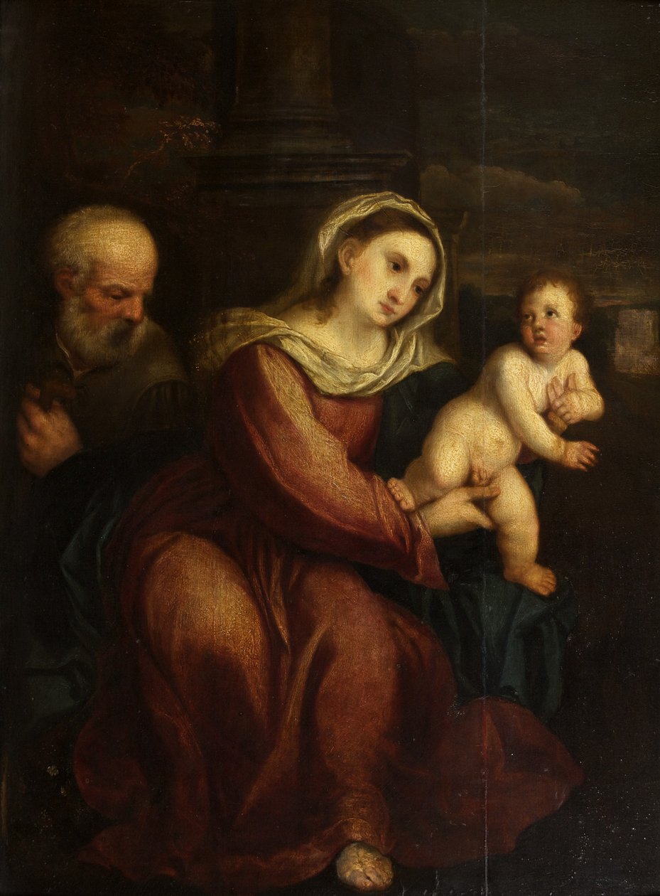 Den hellige familie (olje på panel) av Italian School