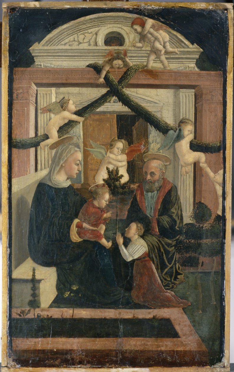 Den hellige familie med giver i bønn og lekende engler, ca. 1460 (tempera på furuved) av Italian School
