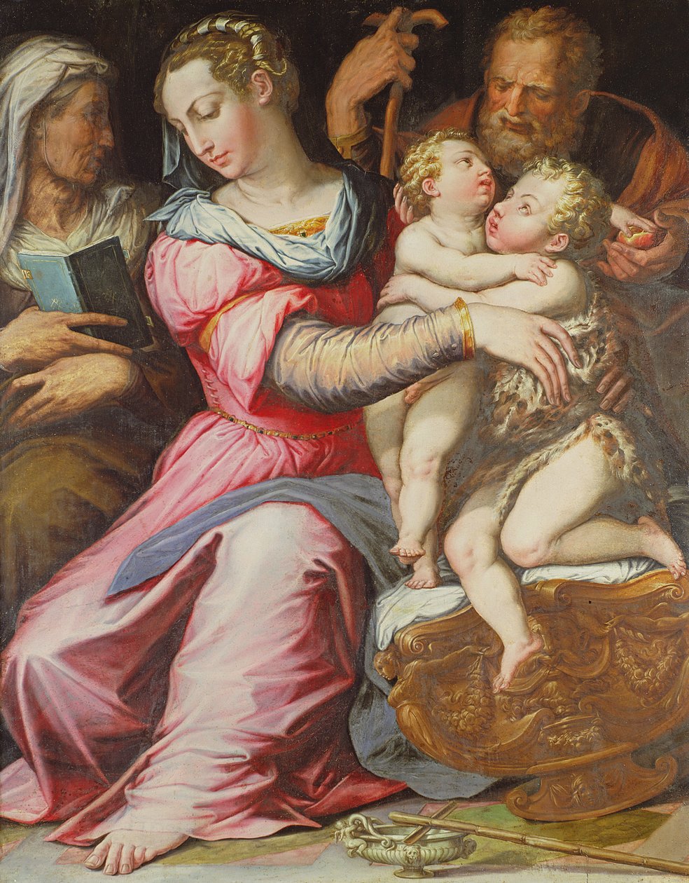 Den hellige familie med spedbarnet Døperen Johannes (tempera på panel) av Italian School