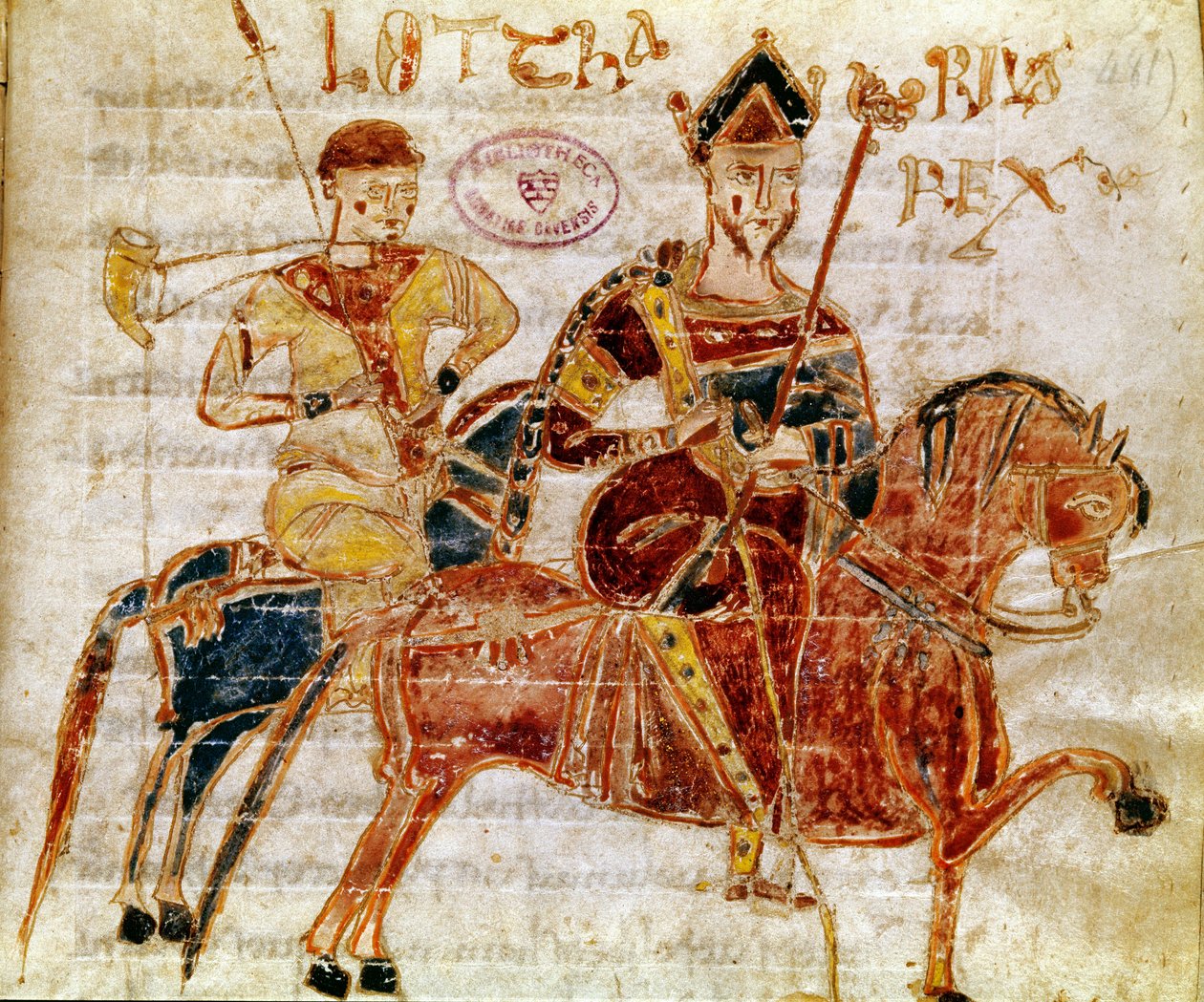 Kongen av francene og deretter Lotharia I (9. århundre) Miniatyr fra "Codex Legum Longobardorum" (eller Langobardorum) som beskriver lovene i det langobardiske riket etablert av kong Rothari av Italian School